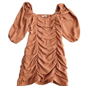 Abercrombie & Fitch Ruched Smocked Puff Sleeve Mini Dress Women M Brown Fairy